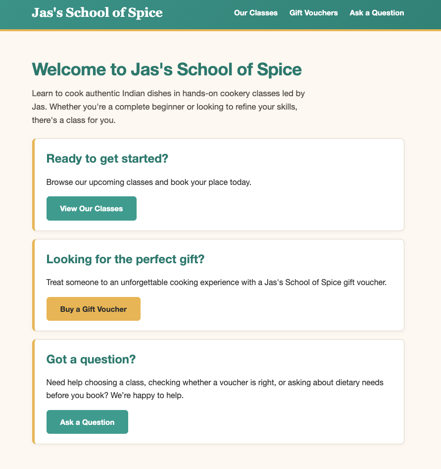 Jas’s School of Spice customer homepage showing class booking options.