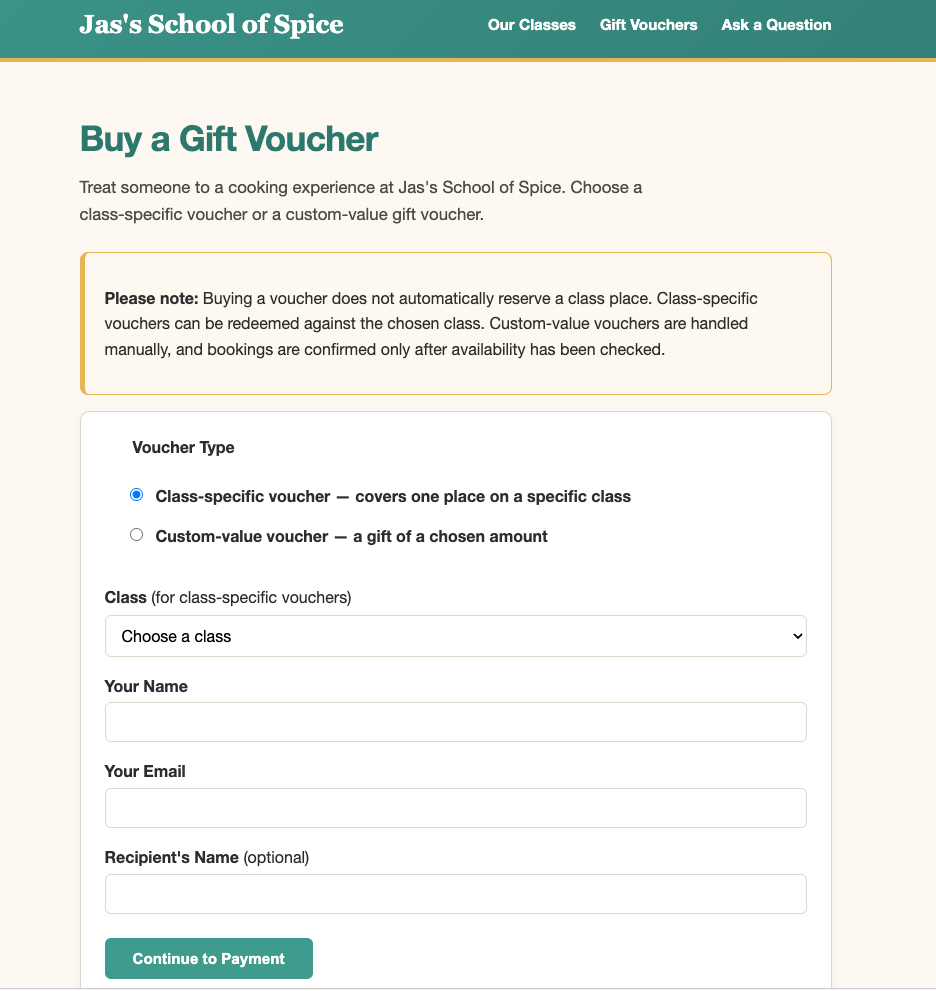 Jas’s School of Spice gift voucher page showing online voucher purchase options.