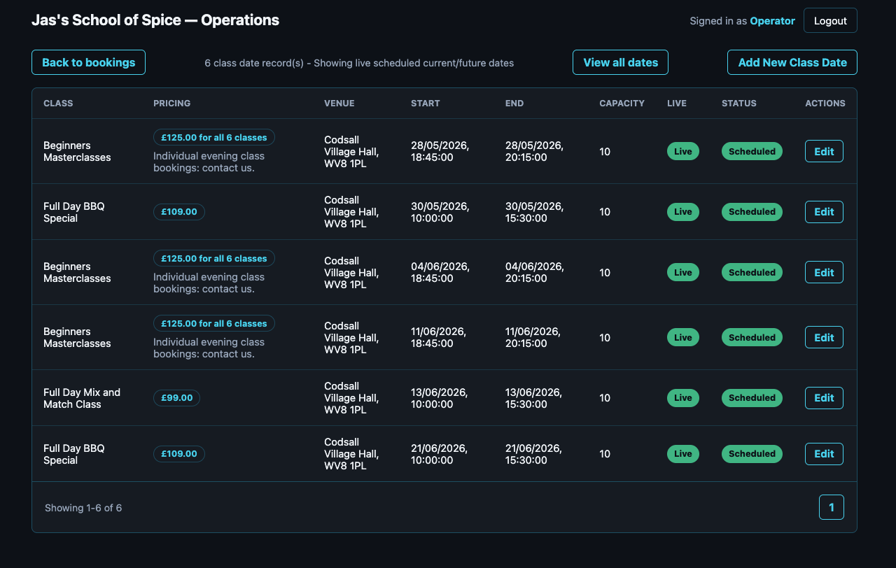 Protected operations screen for Jas’s School of Spice class dates and availability.